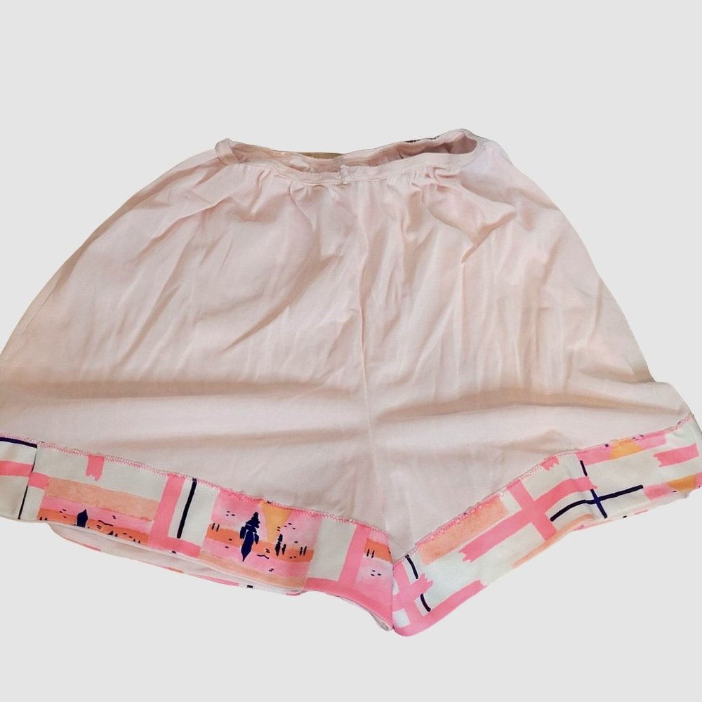 Vintage Nylon Shorts Underwear Bloomers Light Pink Abstract Print Trim Size Sm